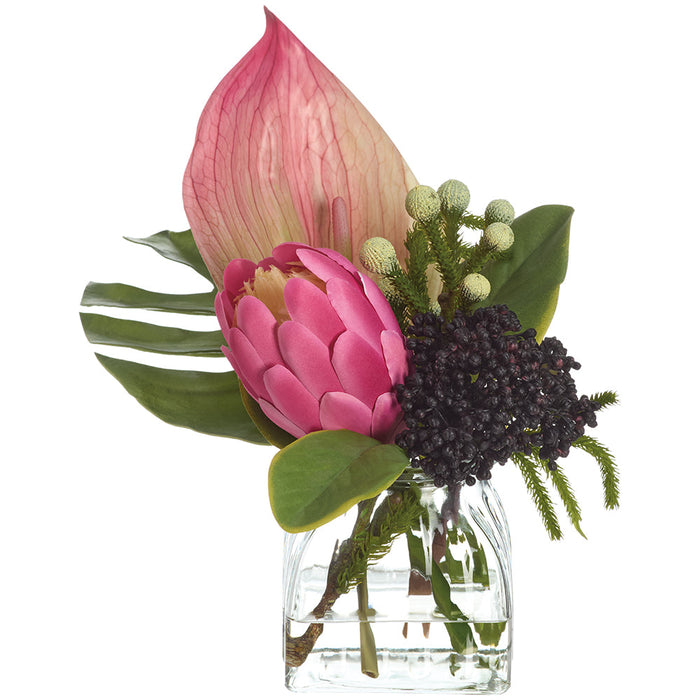 9.5"Hx15"W Protea, Anthurium, Philo Leaf & Sedum Silk Flower Arrangement w/Glass Vase -Pink/Green - WF0829-PK/GR