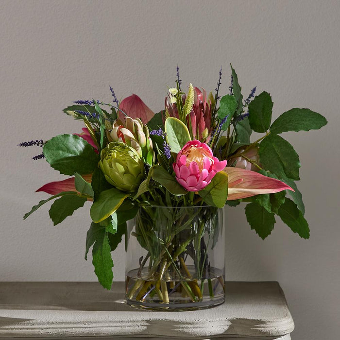 20"Hx24"W Protea, Anthurium & Lavender Silk Flower Arrangement w/Glass Vase -Pink/Lavender - WF0831-PK/LV