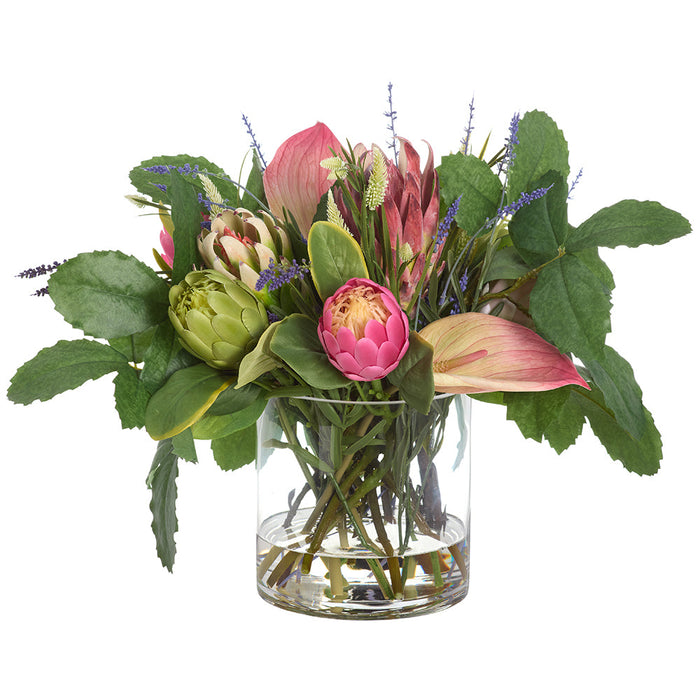 20"Hx24"W Protea, Anthurium & Lavender Silk Flower Arrangement w/Glass Vase -Pink/Lavender - WF0831-PK/LV