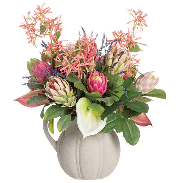 29"Hx27"W Protea, Fringetree Blossom & Anthurium Silk Flower Arrangement w/Terra Cotta Pitcher -Pink/Green - WF0833-PK/GR