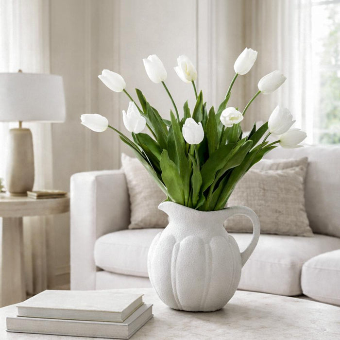 28"Hx26"W Tulip Silk Flower Arrangement w/Terra Cotta Pitcher -White/Green - WF0835-WH/GR