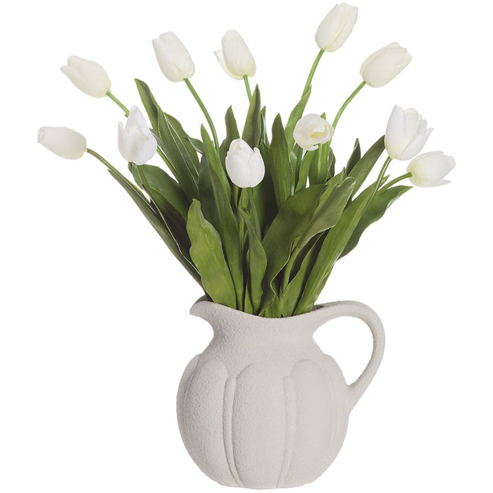 28"Hx26"W Tulip Silk Flower Arrangement w/Terra Cotta Pitcher -White/Green - WF0835-WH/GR