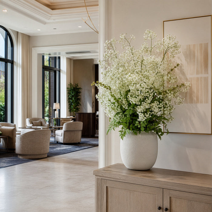 49"Hx42"W Gypsophila Baby's Breath Silk Flower Arrangement w/Terra Cotta Planter -White/Green - WF0836-WH/GR
