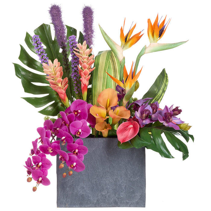 33"Hx30"W Mixed Tropical Silk Flower Arrangement w/Cement Planter -Mixed Colors - WF0840-MX