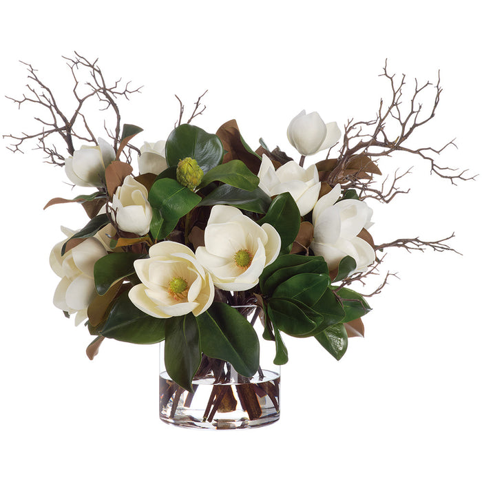 23.5"Hx32"W Magnolia Silk Flower Arrangement w/Glass Vase -White - WF0841-WH