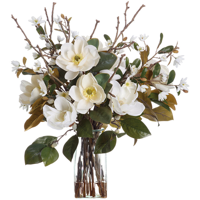 34.5"Hx34"W Magnolia Silk Flower Arrangement w/Glass Vase -White - WF0842-WH