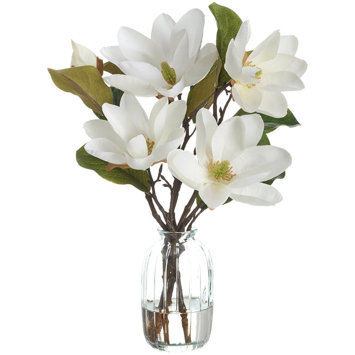 13"Hx10.5"W Magnolia Silk Flower Arrangement w/Glass Vase -White - WF0844-WH