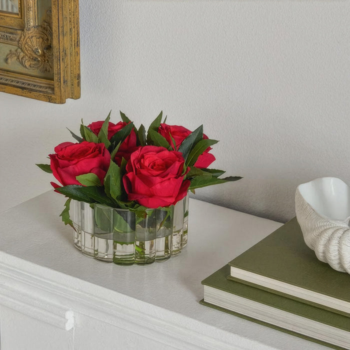 6.5"Hx10.5"W Rose Silk Flower Arrangement w/Ribbed Glass Vase -Red - WF0845-RE