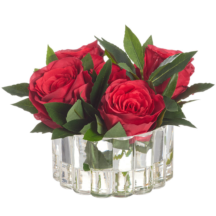 6.5"Hx10.5"W Rose Silk Flower Arrangement w/Ribbed Glass Vase -Red - WF0845-RE