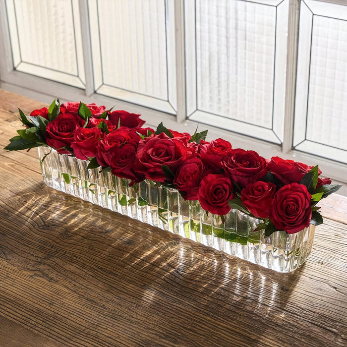 7.5"Hx28"W Rose Silk Flower Arrangement w/Ribbed Glass Vase -Red - WF0846-RE