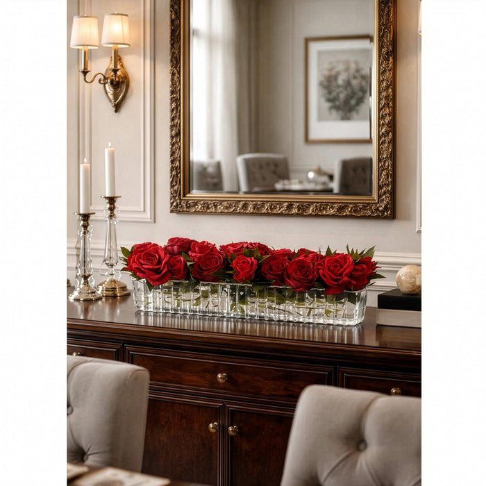 7.5"Hx28"W Rose Silk Flower Arrangement w/Ribbed Glass Vase -Red - WF0846-RE