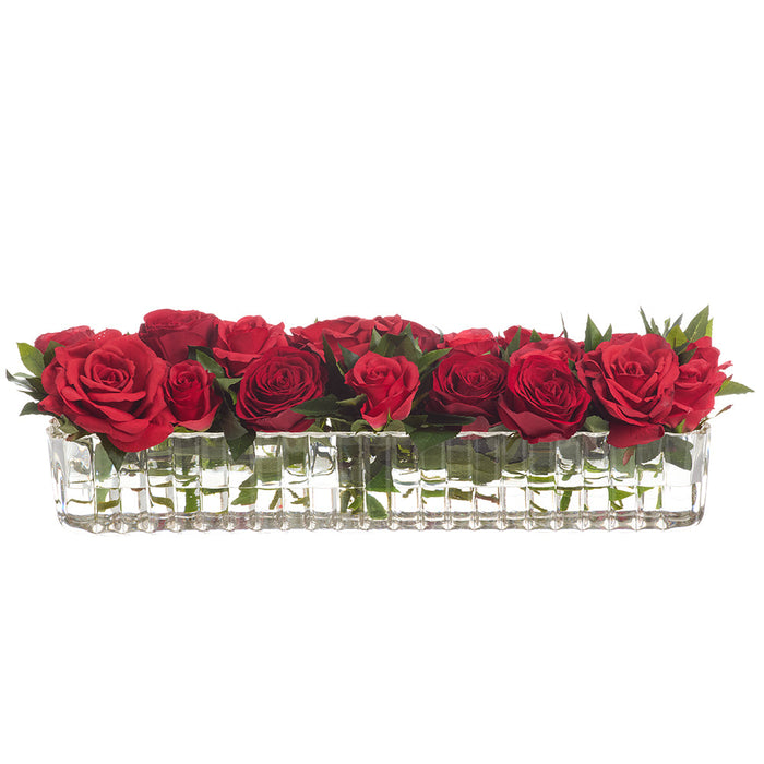 7.5"Hx28"W Rose Silk Flower Arrangement w/Ribbed Glass Vase -Red - WF0846-RE