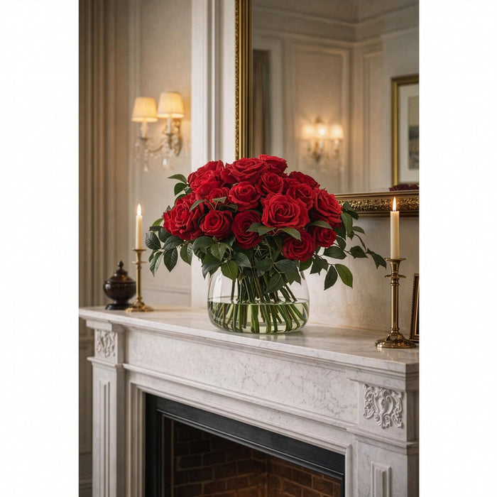 19"Hx23"W Rose Silk Flower Arrangement w/Glass Vase -Red - WF0847-RE
