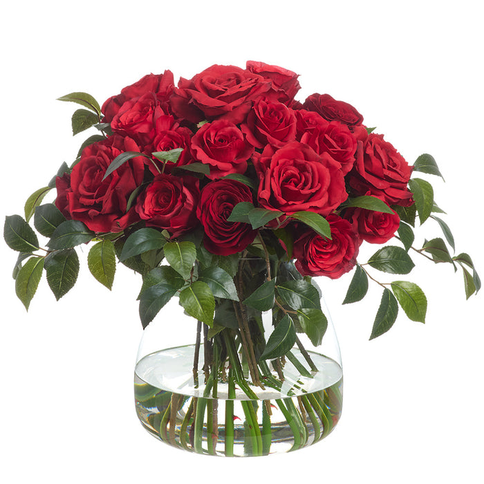19"Hx23"W Rose Silk Flower Arrangement w/Glass Vase -Red - WF0847-RE
