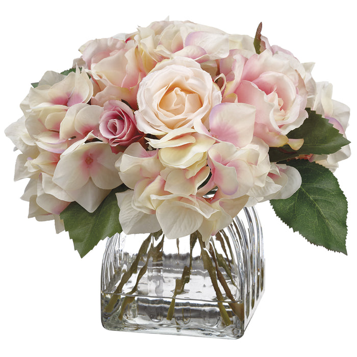 8"Hx9"W Hydrangea & Rose Silk Flower Arrangement -Fuchsia/Pink - WF1059-FU/PK