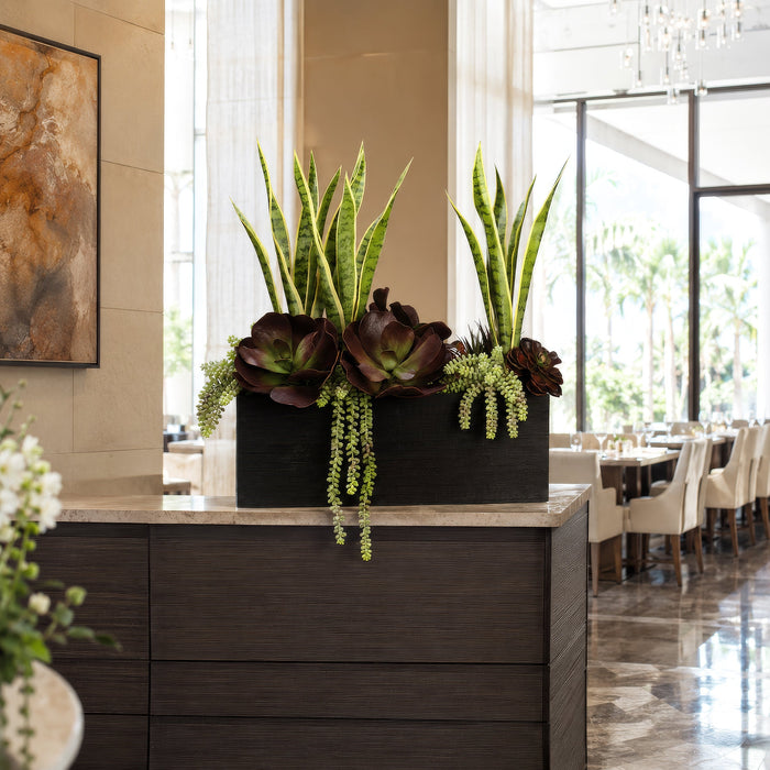 28"Hx28"W Echeveria & Sansevieria Snake Artificial Plant w/Bamboo Box -Green/Burgundy - WF1249-GR/BU