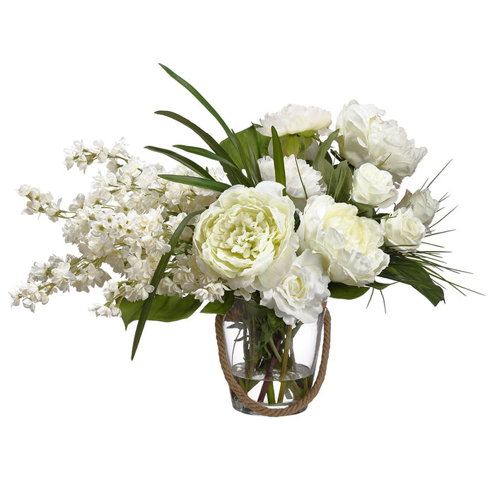 22"Hx28"W Larkspur, Peony & Rose Silk Flower Arrangement w/Glass Vase -Cream/White - WF1611-CR/WH