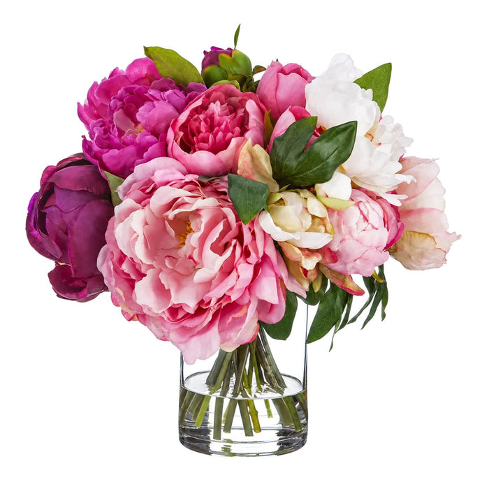 13"Hx13"W Silk Peony Flower Arrangement w/Glass Vase -Pink/Fuchsia - WF1671-PK/FU