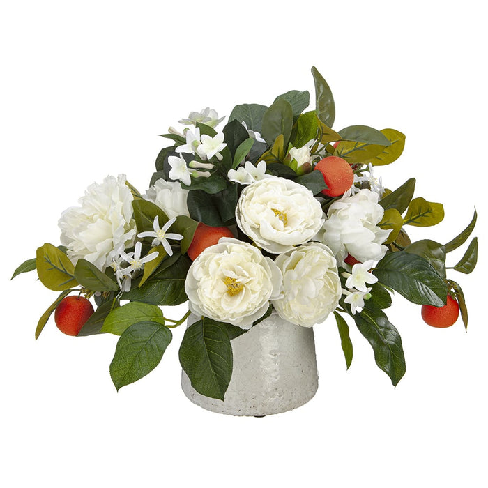15"Hx20"W Silk Peony, Manfarin & Stephanotis Flower Arrangement w/Stoneware Container -White/Orange - WF1683-WH/OR