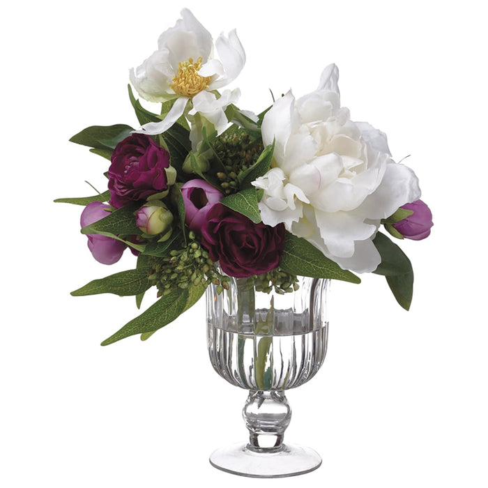 10"Hx12"W Ranunculus & Peony Silk Flower Arrangement -Purple/White - WF1719-PU/WH