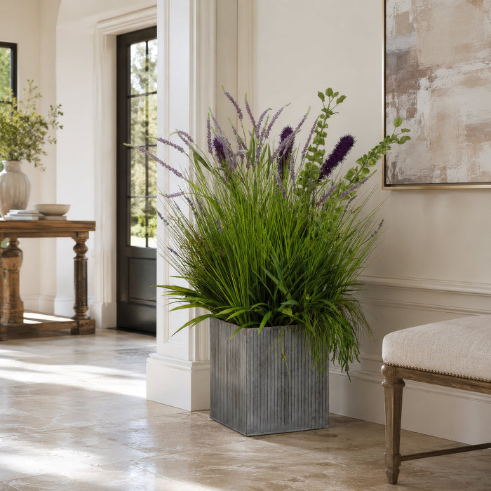 48"Hx39"W Willow Grass, Lavender & Bells Of Ireland Silk Flower Arrangement w/Tin Planter -Green/Purple - WF1728-GR/PU