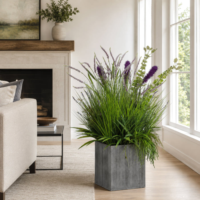 48"Hx39"W Willow Grass, Lavender & Bells Of Ireland Silk Flower Arrangement w/Tin Planter -Green/Purple - WF1728-GR/PU