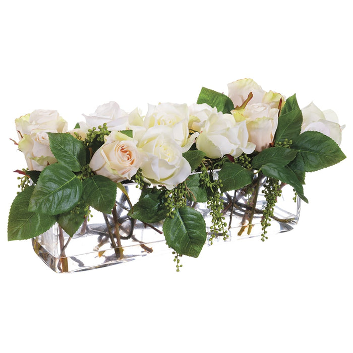 9"Hx19"W Rose & Berry Silk Flower Arrangement -White/Green - WF1756-WH/GR