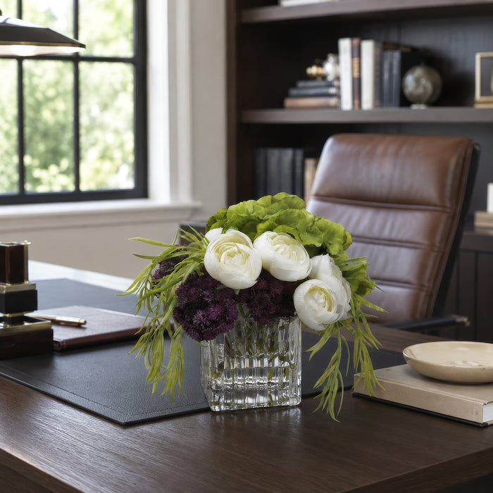 8"Hx9"W Hydrangea, Sedum & Ranunculus Silk Flower Arrangement -White/Eggplant - WF1759-WH/EP