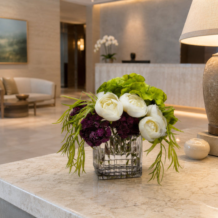 8"Hx9"W Hydrangea, Sedum & Ranunculus Silk Flower Arrangement -White/Eggplant - WF1759-WH/EP
