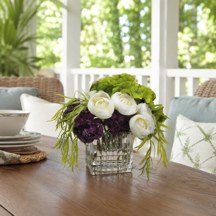 8"Hx9"W Hydrangea, Sedum & Ranunculus Silk Flower Arrangement -White/Eggplant - WF1759-WH/EP