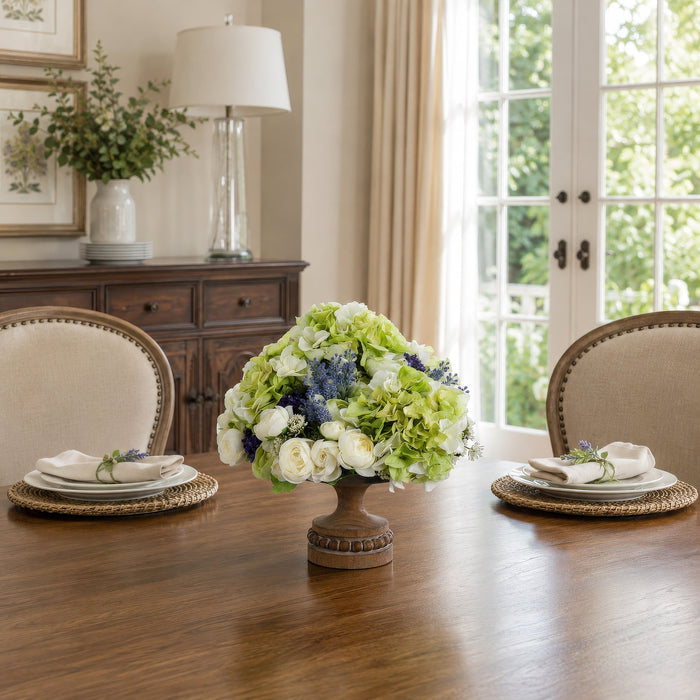 15"Hx14"W Hydrangea, Ranunculus, Statice & Lavender Silk Flower Arrangement w/Footed Plate -Green/Lavender - WF1776-GR/LV