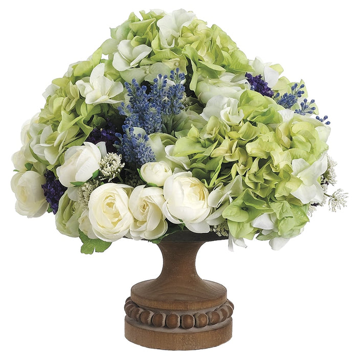 15"Hx14"W Hydrangea, Ranunculus, Statice & Lavender Silk Flower Arrangement w/Footed Plate -Green/Lavender - WF1776-GR/LV