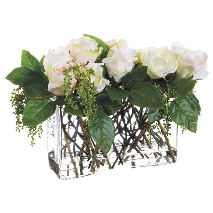 12"Hx15"W Rose & Berry Silk Flower Arrangement -White/Green - WF1785-WH/GR