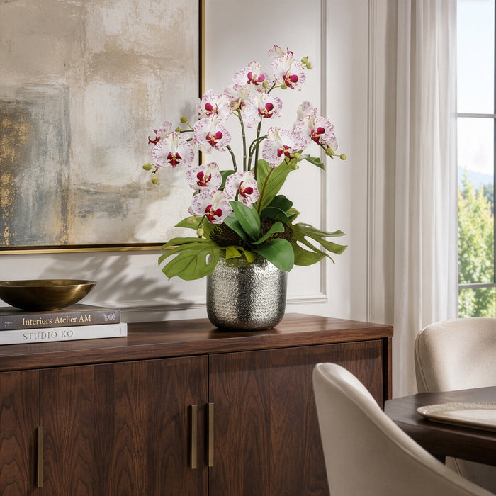 25"Hx23"W Bird's Nest Leaf & Phalaenopsis Orchid Silk Flower Arrangement -White/Orchid - WF1853-WH/OC