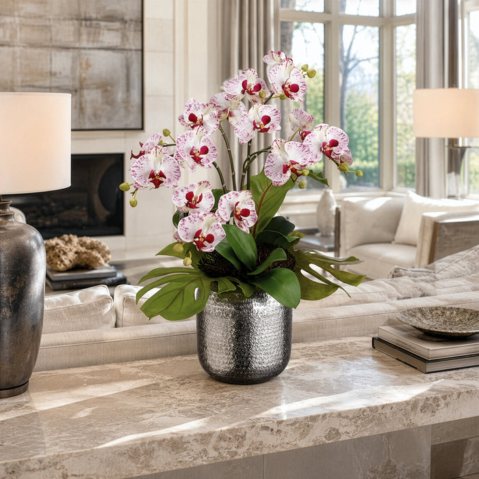 25"Hx23"W Bird's Nest Leaf & Phalaenopsis Orchid Silk Flower Arrangement -White/Orchid - WF1853-WH/OC