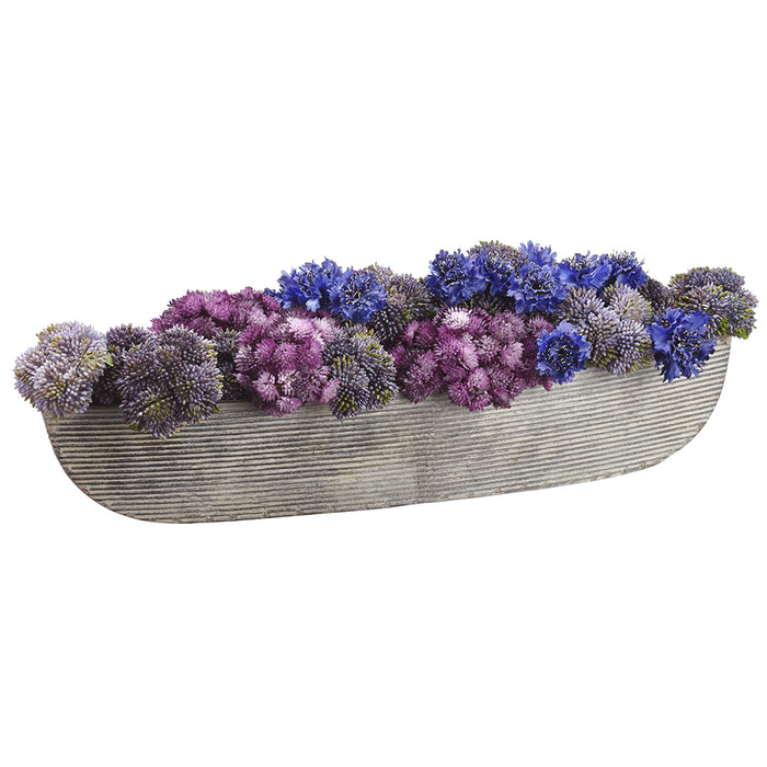 7"Hx21"W Sedum, Queen Anne's Lace & Cornflower Artificial Flower Arrangement w/Oval Tin Container -Eggplant/Purple - WF1996-EP/PU
