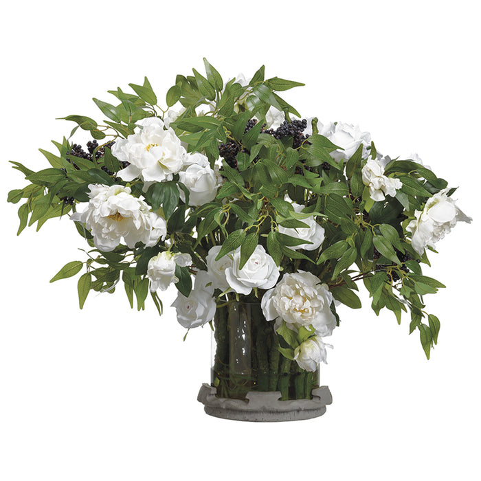 27"Hx32"W Rose, Peony & Branches Silk Flower Arrangement -White/Green - WF9135-WH/GR
