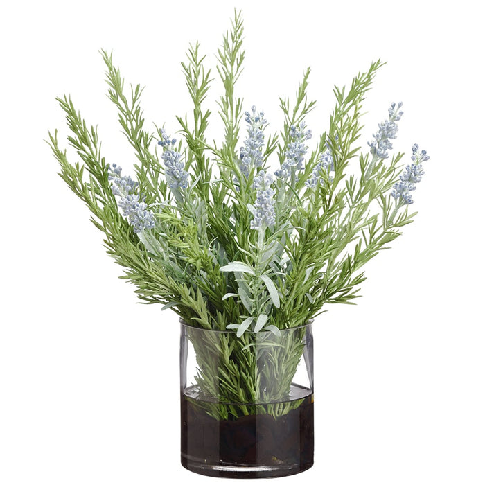 14"Hx10"W Lavender & Rosemary Silk Flower Arrangement w/Glass Vase -Lavender/Green - WF9158-LV/GR