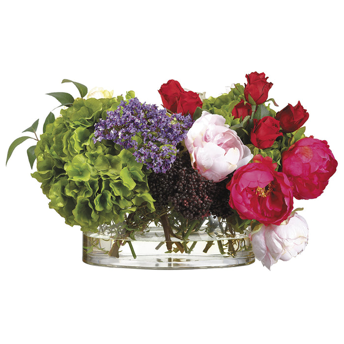 14"Hx22"W Rose, Hydrangea & Peony Silk Flower Arrangement -Green/Rubrum - WF9166-GR/RB