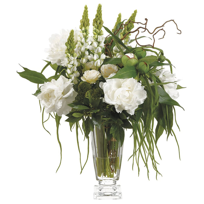 30"Hx24"W Silk Peony Mixed Flower Arrangement w/Glass Vase -Cream/Green - WF9190-CR/GR