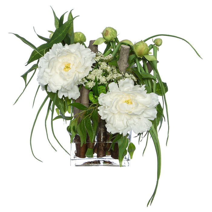 19"Hx21"W Silk Peony Flower Arrangement w/Glass Vase -White/Green - WF9193-WH/GR