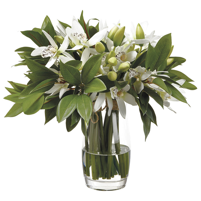 14"Hx15"W Silk Cymbidium Orchid Flower & Shikiba Arrangement w/Glass Vase -White/Green - WF9203-WH/GR