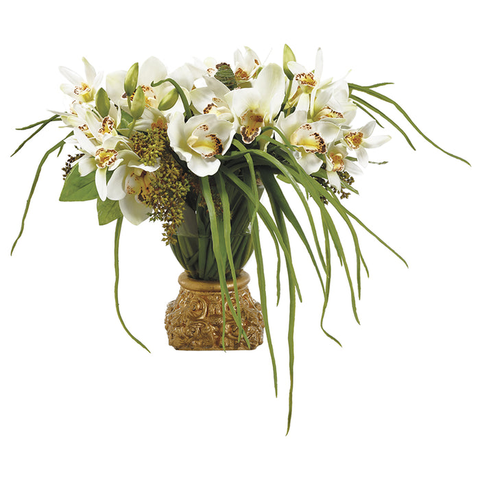 16"Hx24"W Silk Cymbidium Orchid Flower & Sedum Arrangement w/Gold Vase -Cream/Green - WF9207-CR/GR