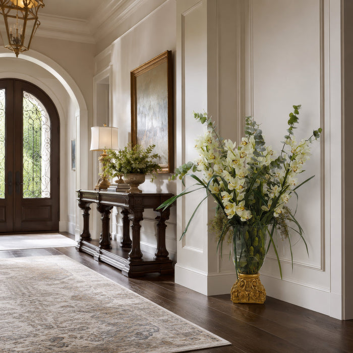 53"Hx42"W Silk Cymbidium Orchid Flower & Sedum Arrangement w/Gold Vase -Cream/Green - WF9208-CR/GR