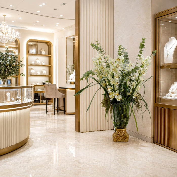 53"Hx42"W Silk Cymbidium Orchid Flower & Sedum Arrangement w/Gold Vase -Cream/Green - WF9208-CR/GR