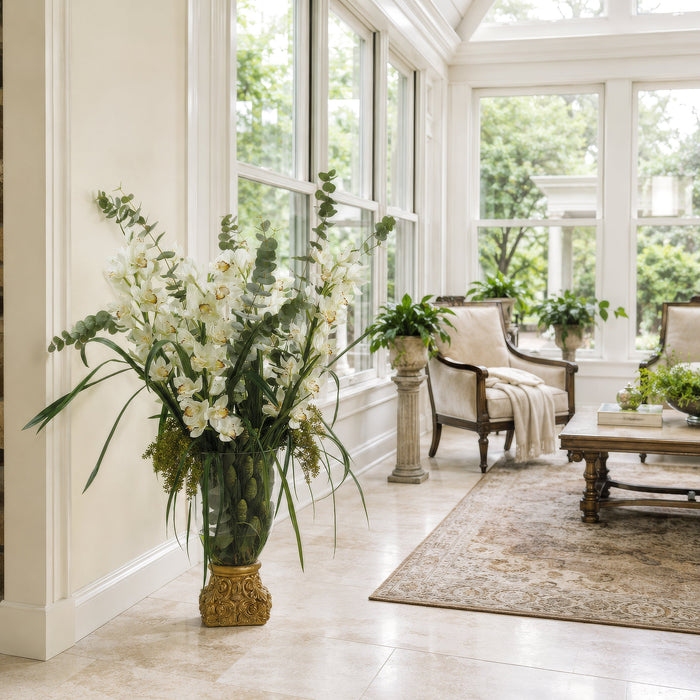 53"Hx42"W Silk Cymbidium Orchid Flower & Sedum Arrangement w/Gold Vase -Cream/Green - WF9208-CR/GR