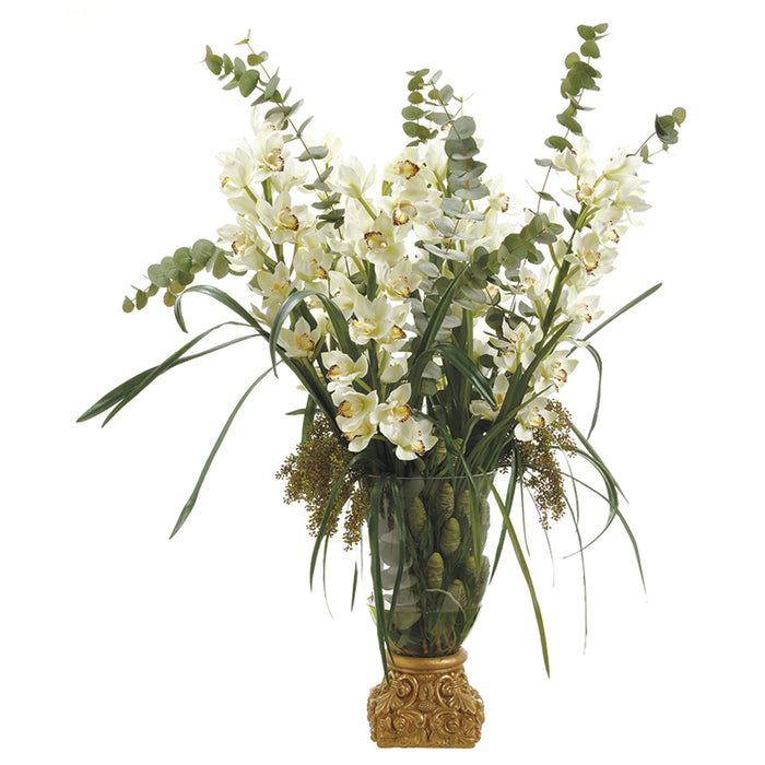 53"Hx42"W Silk Cymbidium Orchid Flower & Sedum Arrangement w/Gold Vase -Cream/Green - WF9208-CR/GR