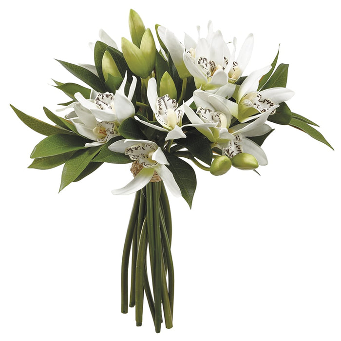 13.5"Hx12"W Silk Cymbidium Orchid Flower Bouquet -White - WF9221-WH/GR