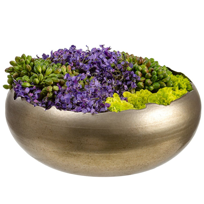 5"Hx8.5"W Berry, Statice & Pompon Silk Flower Arrangement w/Metal Bowl -Green/Purple - WF9290-GR/PU
