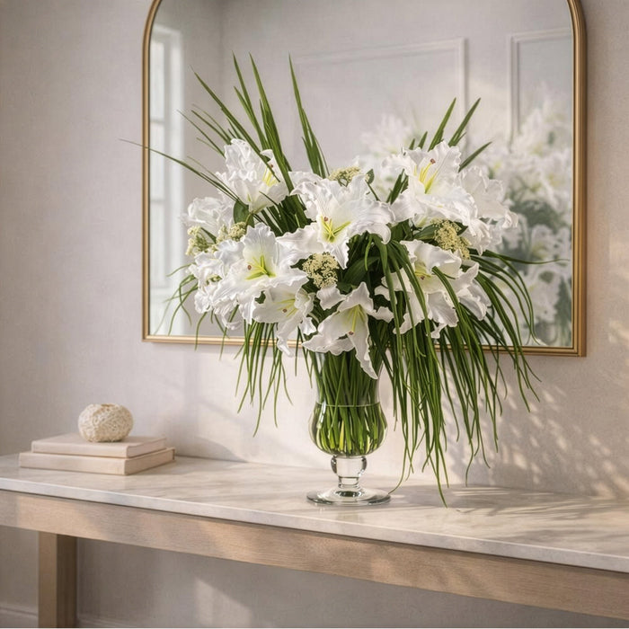 36"Hx33"W Casablanca Lily Silk Flower Arrangement w/Glass Vase -White/Green - WF9293-WH/GR